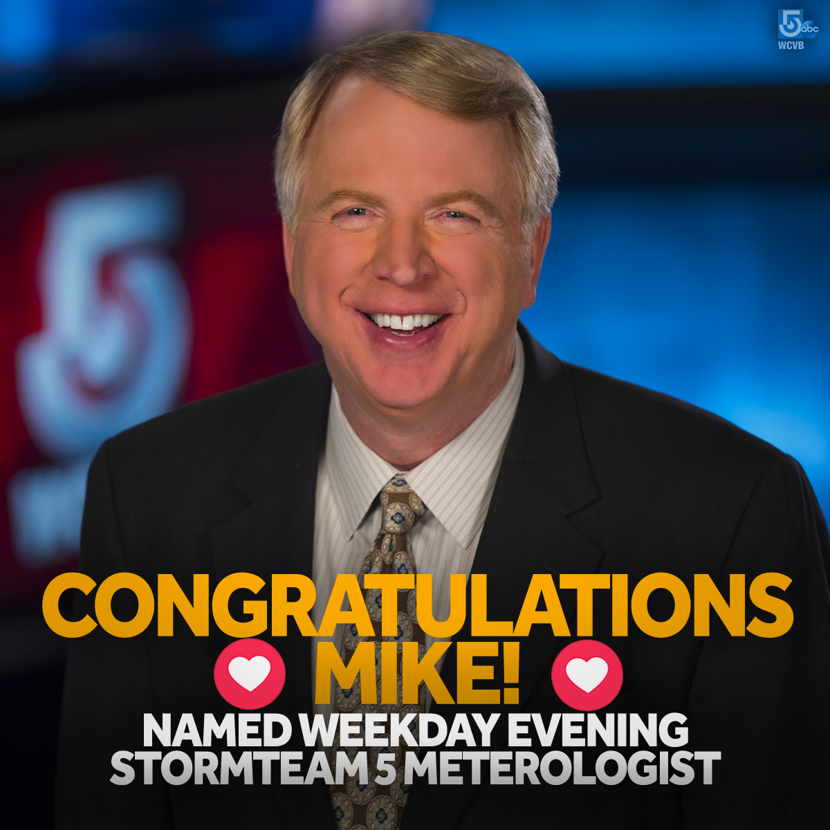 WCVB's tweet photo. After over a decade on weekends, we're thrilled to have #StormTeam5 meteorologist Mike Wankum with us on weeknights! Congratulations to Mike -- and to Cindy Fitzgibbon who is #WCVB's new Chief Meteorologist! ☀ ☀ ☀ https://t.co/BhJhXYYcFv https://t.co/eyyzcok8OB