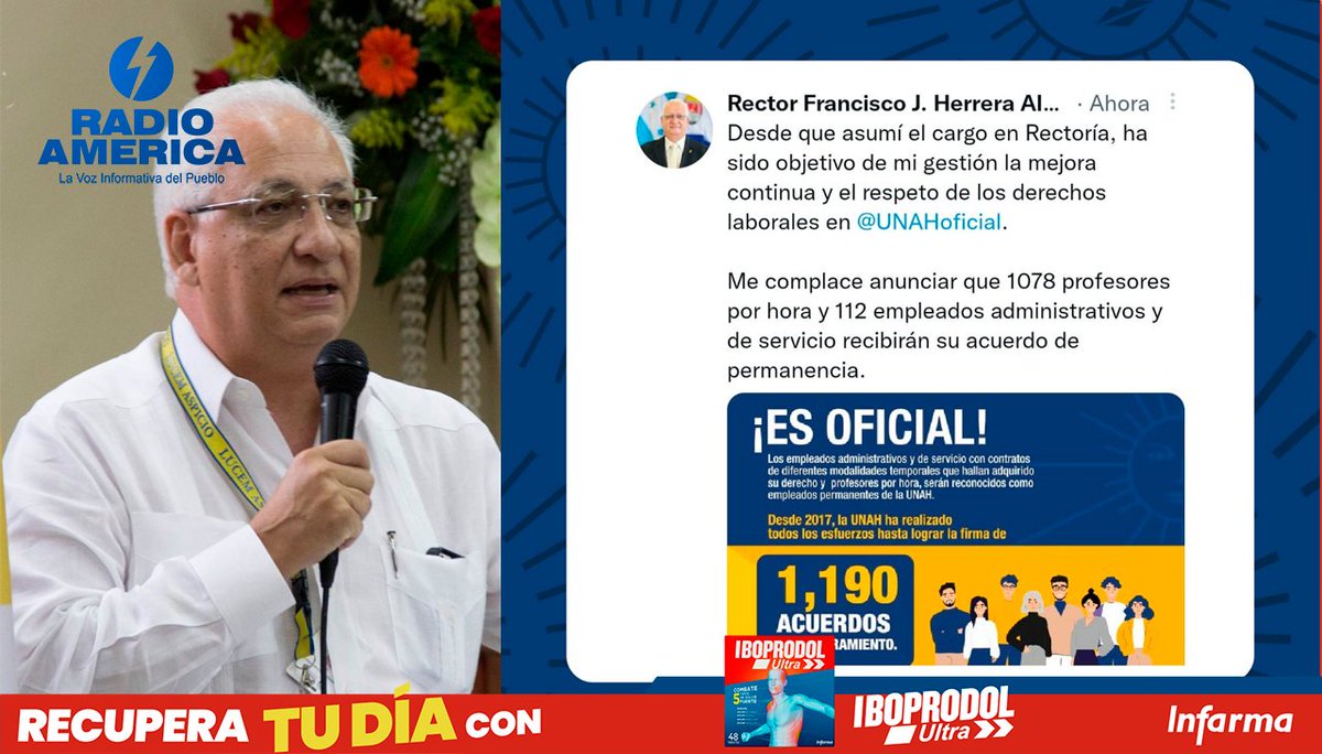 radioamericahn's tweet photo. #AméricaNoticias #Honduras.
El rector de la UNAH, Francisco Herrera anuncia que 1,078 profesores por hora y 112 empleados administrativos y de servicio recibirán su acuerdo de permanencia. https://t.co/VU0pkbYv6x