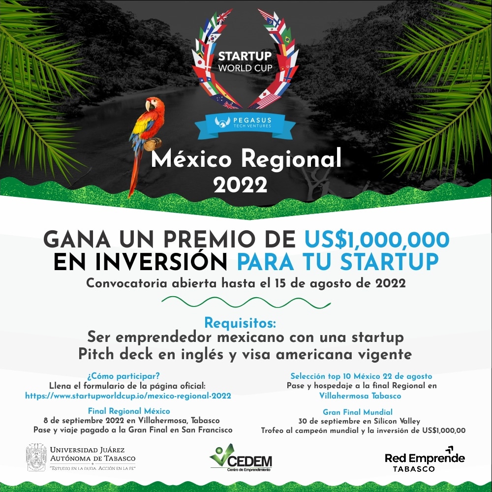 #StartupWorldCup2022 Final Regional en Tabasco 🏆 ¿Tienes una startup y te gustaría ganar US$1,000,000  en inversión? 

👉🏻 Participa para estar en la final regional en #Tabasco el próximo 8 de septiembre de 2022 ¿Cómo? solo inscríbete en el siguiente link: startupworldcup.io/mexico-regiona…