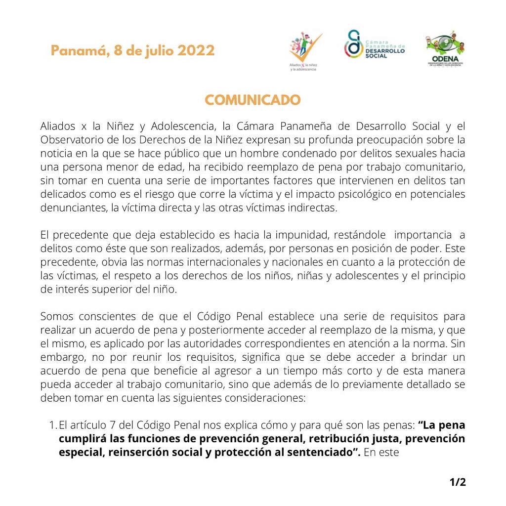 aliadosXlaninez's tweet image. Expresamos nuestra profunda preocupación sobre la noticia en la que se hace público que un hombre condenado por delitos sexuales hacia una persona menor de edad, ha recibido reemplazo de pena por trabajo comunitario.
¡Lee mas aquí!
@capadeso
@odenapanama
