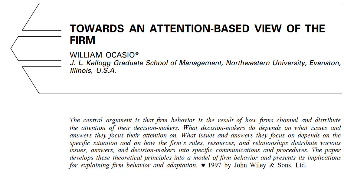 emollick's tweet photo. There is a big research stream on the "attention-based view of the firm," showing that the attention of key decision-makers within companies decides what strategic priorities get advanced &amp; what problems get solved. Scattered attention from a CEO or founder can be a real problem. https://t.co/KZFDkJPXg0