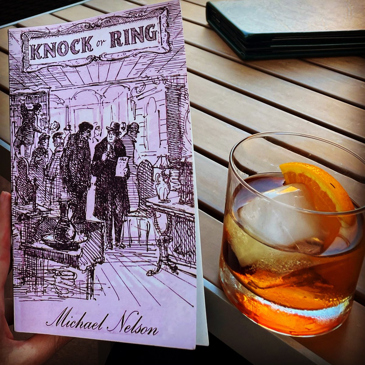 On the ground in St. Paul! Drinking a “Minnesota Manhattan,” reading Michael Nelson’s savage novel of the English book trade, Knock or Ring (1957), in preparation for our session on auctions at #cabs2022 this week.