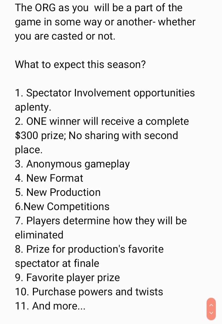 Spectator's really matter this season because... _____ . I can't spoil it. So APPLY!! APPLY!! What do you have to lose? It's 3 C-Notes! Comps are unique! Prod are crazy af! But the party starts Aug 8! Oh yea, did I mention...... its ANONYMOUS! 

docs.google.com/forms/d/e/1FAI…