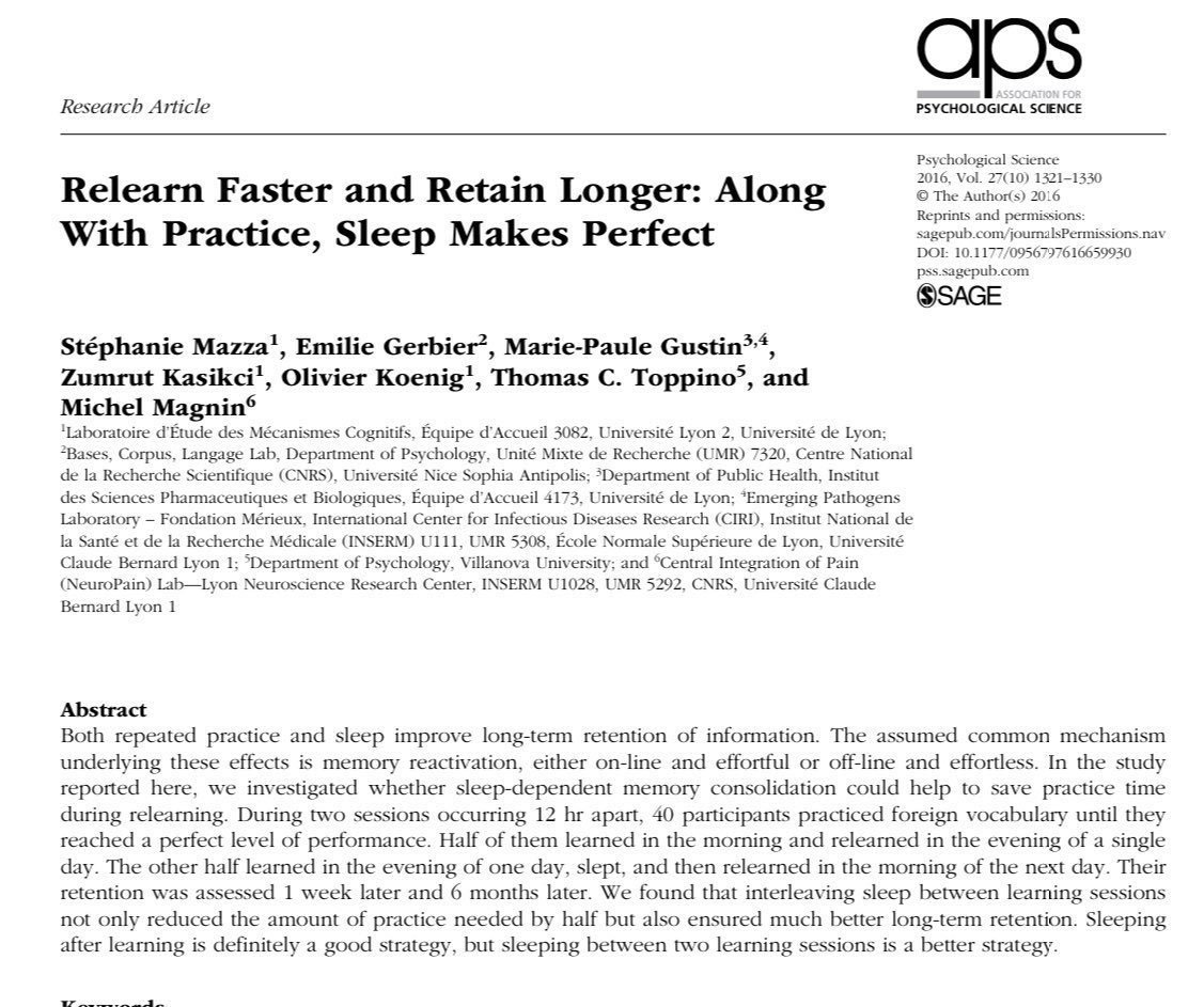 And new research combines study techniques to develop the ideal test prep regimen. The steps:
🌙Study before bed
🛌Sleep
☀Short review when you wake 
In an experiment, long-term retention increased by 50% &amp; it took less time! The key was combining sleep &amp; interleaved practice.