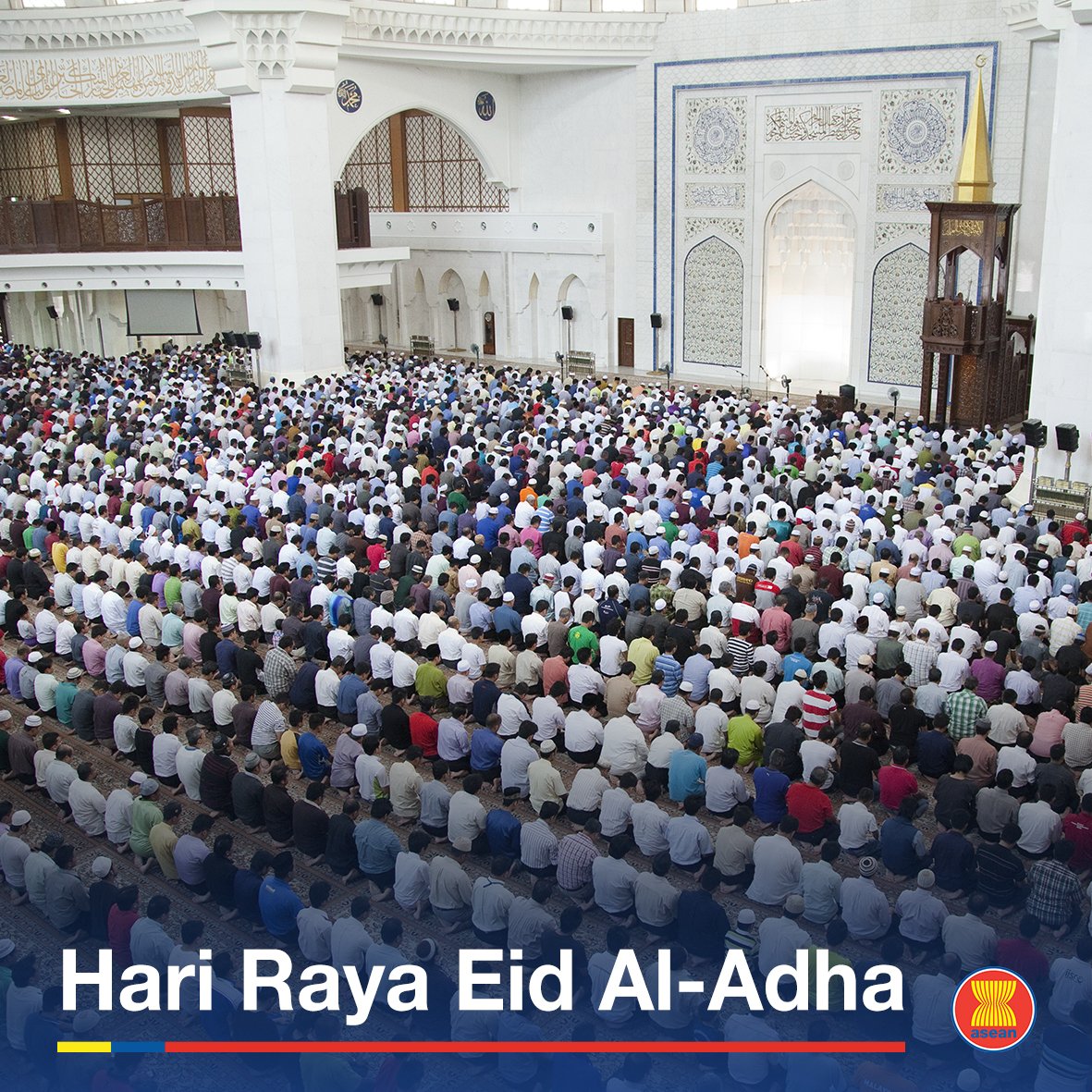 ASEAN's tweet photo. We wish our Muslim friends a blessed Eid Al-Adha! The holy day honors the willingness of Ibrahim to sacrifice his son as an act of obedience to God's command. The day is usually observed with prayers and sacrifice ceremony of livestock which will be shared with others. https://t.co/JeqsYtEH41