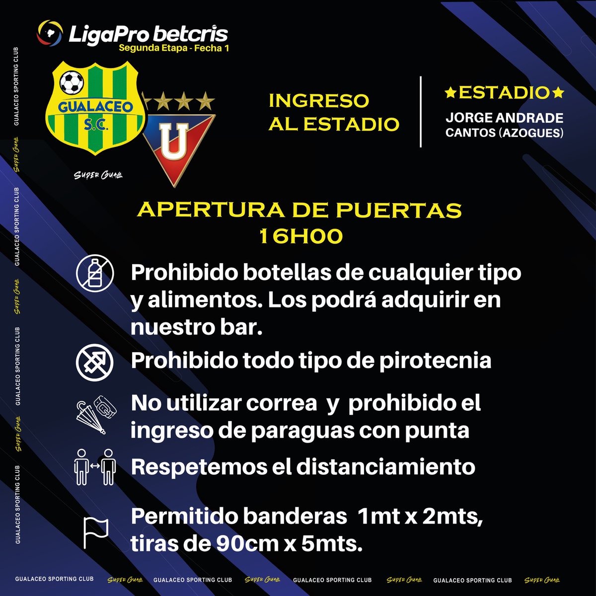 🟢🟡 Indicaciones para el ingreso al estadio 🟢🟡

Normas de bioseguridad e indicaciones que se tienen que cumplir para ingresar al estadio Jorge Andrade Cantos 🏟 

#VamosGuala 🟢🟡
#SomosdePrimera ⚽️