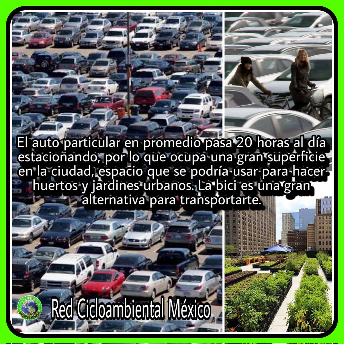 AmbientalCiclo's tweet photo. El auto particular en promedio pasa 20 horas al día estacionando, requiere un lugar durante el día y otro durante la noche por lo que ocupa una gran superficie en la ciudad (sin contar el espacio que usa cuando está detenido en el tráfico)... https://t.co/nrQntFf6S5