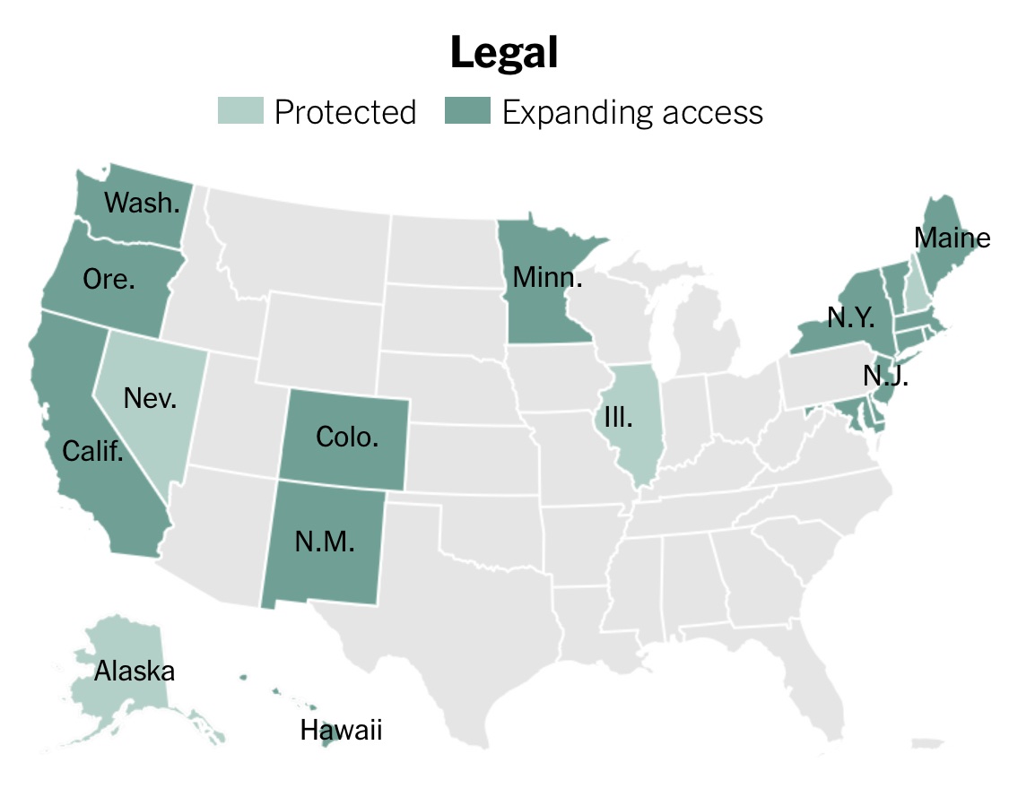 One of the saddest charts available today of the United States of America - the land of the free

In wake of overturning Roe

These are the only states where Access to essential healthcare for women is not under attack

Everywhere else, abortion is banned or attempting to be