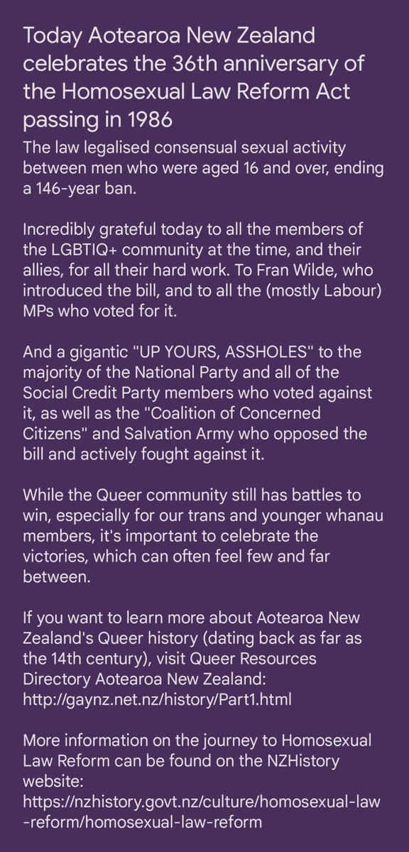 PSYME_'s tweet photo. Today Aotearoa New Zealand celebrates the 36th anniversary of the 🏳️‍🌈 #HomosexualLawReform Act 1986 🏳️‍🌈 passing!

🏳️‍🌈 Learn more about our Queer history 🏳️‍🌈 https://t.co/CjOfHuaWd4

🏳️‍🌈 Learn more about the journey to Homosexual Law Reform (via @NZHistory) 🏳️‍🌈 https://t.co/1X3mLsvRVa https://t.co/cXvv0qu4Ad