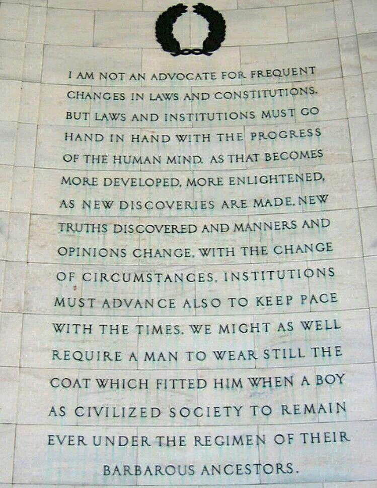 Magzland's tweet photo. Ironically, words set in stone about words not being set in stone. From who’s that now? A #FoundingFather of the #USA? #thomasjefferson What whaaaaaat? #change #livingdocuments #WakeUpAmerica https://t.co/0OmaQgfJ4B