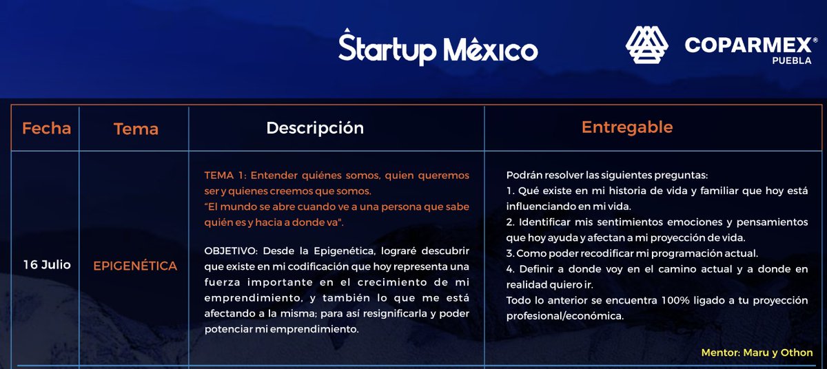 Orgullosos de ser invitados como los Sherpas con los que abrirá la segunda generación de <a href="/startupmexico/">Startup México</a> Sherpa de <a href="/CoparmexPuebla/">COPARMEX Puebla</a>.  Los temas: #EpigenéticaDelEmprendimiento #PedagogíaDelAmor  #ManagementNatural <a href="/mgnatural/">Management Natural</a>, ¡seamos disruptivos desde la base! <a href="/MaruRodriguezM/">Maru Rodriguez</a>