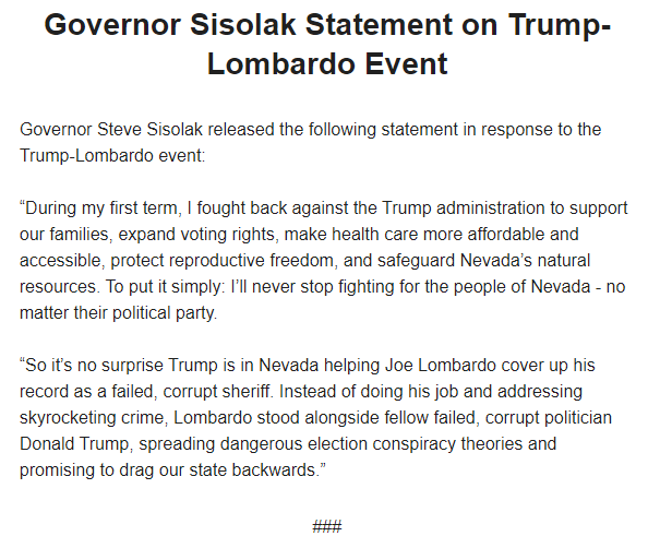 News3LV's tweet photo. Nevada Gov. Steve Sisolak has released a statement via his campaign in response to former President Donald Trump's event in Las Vegas: https://t.co/pfW1Z6WX6J