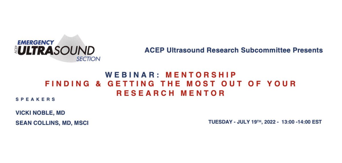 ACEP_EUS's tweet photo. Our #ACEPeus Research Subcommittee is hosting webinar “Mentorship: Finding & getting the most out of your research mentor” feat. @nobleultrasound (@UHCMC_ED) & Dr. Sean Collins (@vumc_emres) on Tues, July 19 at 1p EST. Hope you can join! @FTeranMD @MGottliebMD
Reg link: engagED https://t.co/6gKfsUjY0v