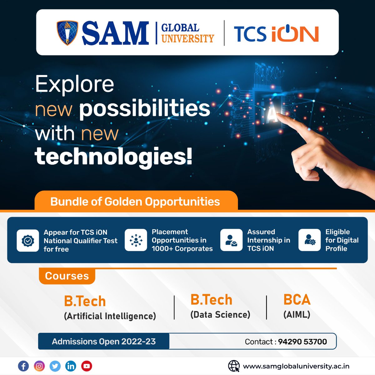 neeleshcmc's tweet photo. #AdmissionOpen for B. TECH CSE in collaboration with TCS. 
CALL 8982853664 for admission
#samglobaluniversity https://t.co/u9MCyq9KHQ