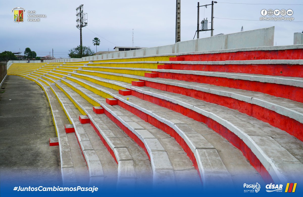municipiopasaje's tweet photo. Así lucen los graderíos del coloso de la avenida Quito. Alcalde @cesarencaladae en convenio con Liga Cantonal, realizó renovación de la pintura en graderíos. Cambiamos imagen interna, damos identidad con los colores de la ciudad

#futbol #Pasaje #estadio #deporte #CesarEncalada https://t.co/qeOTkCD0Fu