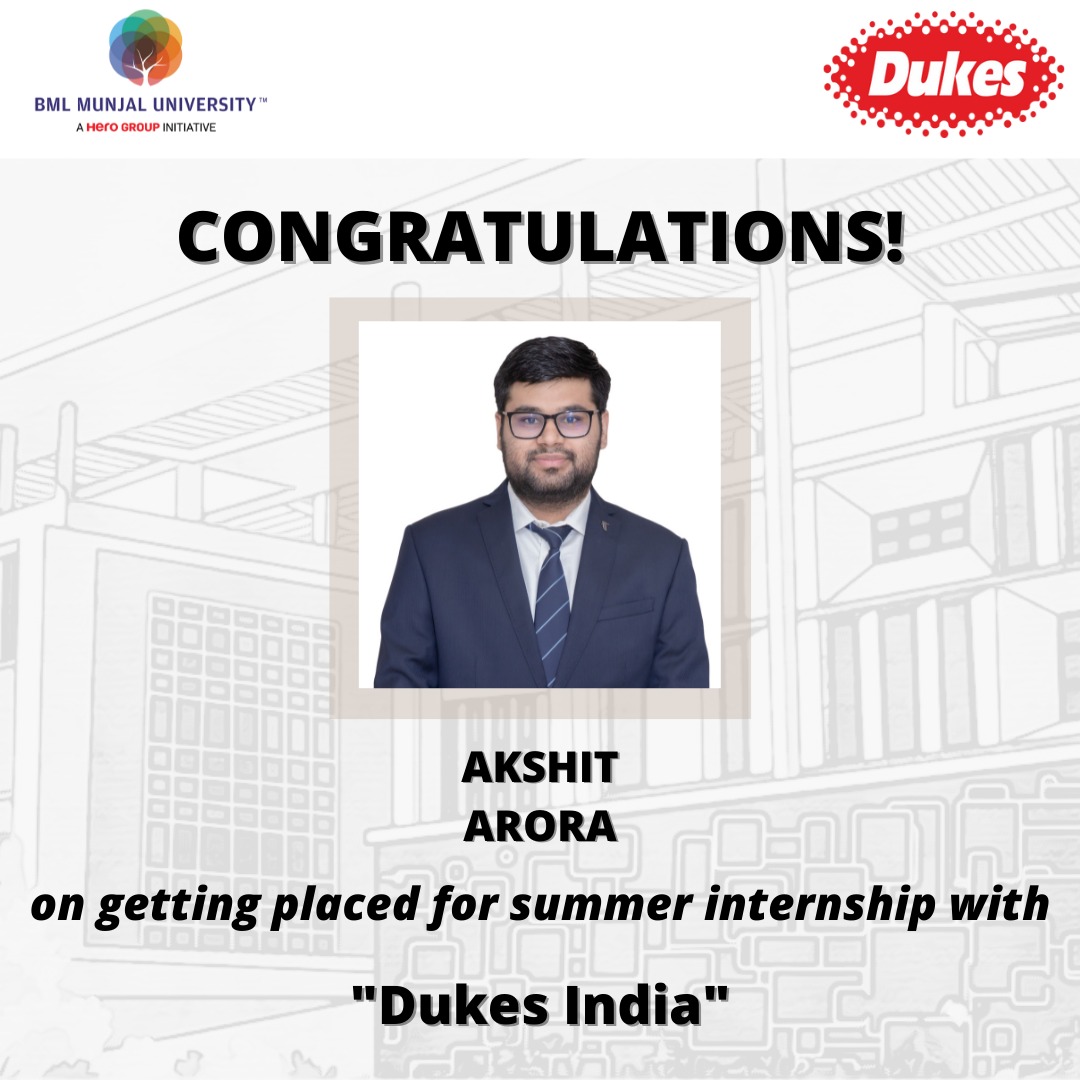 PlaceComm_BMU's tweet photo. Our sincere gratitude to Dukes India for giving our student the opportunity to showcase his abilities and talents.
We congratulate and wish him all the best for his summers.

#HEROSOFTODAY #BMU #Placements #Placecom #BMUkiAwaz #BMUtalks #BMLMunjalUniversity #MBA #Dukes https://t.co/P913fTmX9T