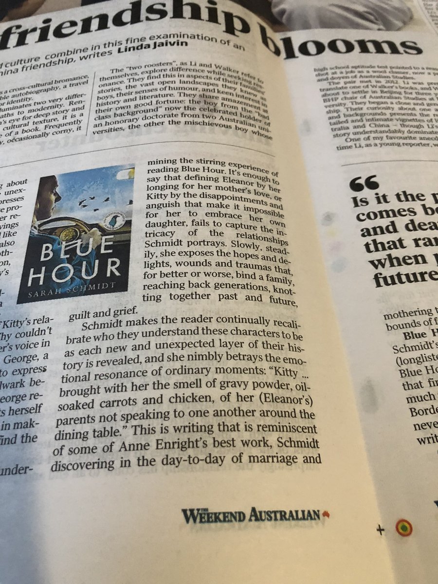 Bravo <a href="/ikillnovel/">Sarah Schmidt</a>! Stellar review today for your brilliant novel. ‘Schmidt’s composition of #BlueHour is exceptionally skilled, ensuring that the devastating twists in her story - the shock of which pulse through you like electricity - have their greatest impact.’ HachetteAus