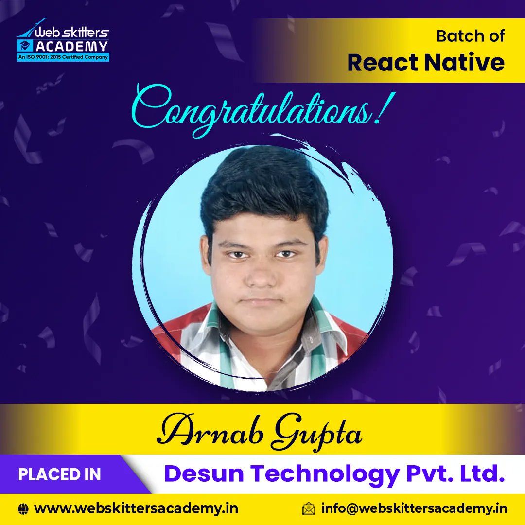 WebSkitters_Edu's tweet photo. Congratulations Arnab Gupta!
You completed your React Native course with Webskitters Academy and started your career right ahead!
Good luck!

#WebskittersAcademy #reactnative #reactnativeonlinecourse #reactnativecourse #Career #Placement #Jobs #Student https://t.co/47vk3aIRWP