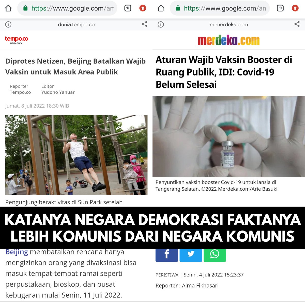 pureblood_4ever's tweet image. China batalkan aturan wajib 💉 di area publik karena desakan netizen

IDI desak pemerintah wajibkan 💉 booster sebagai syarat masuk ruang publik

Jadi siapa sebenarnya yang negara komunis dan siapa yang menganut siatem demokrasi?

@MprAldo @DokterTifa @GratisTerbaik