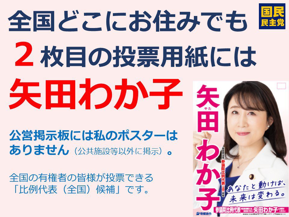 simosimo1965's tweet photo. #参議院議員選挙2022
いよいよ明日が投票日。政治や社会の制度に不満がある人、なぜ不満だらけの政策を続けている与党、与党候補に投票しようとする？
#真剣に政策に取り組む政治家 矢田わか子を応援しています。
#いっしょに未来をかえよう
#参院選比例は矢田わか子 https://t.co/IcopfFQXoy