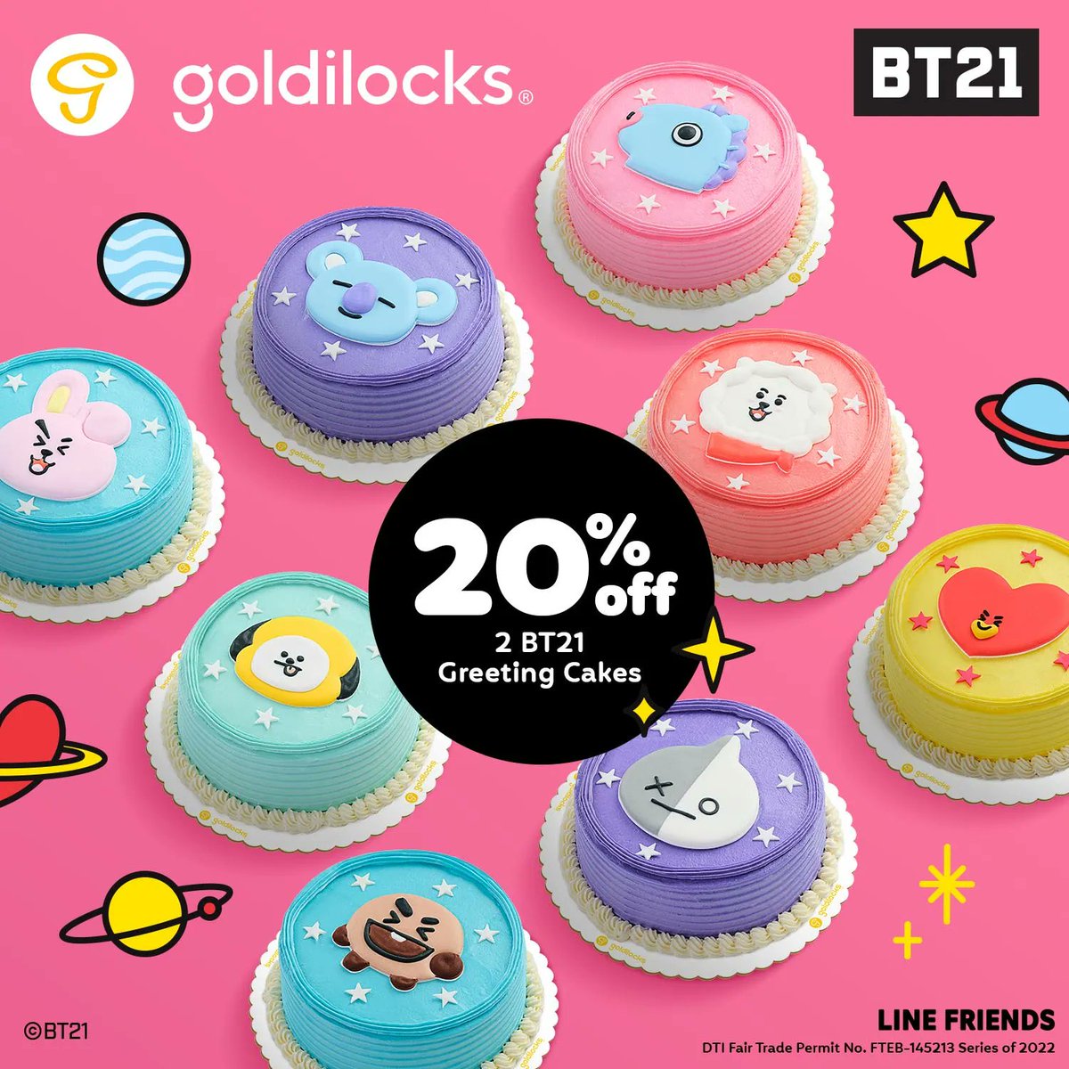 lookosale's tweet photo. Look O! Get 20% OFF when you buy two BT21 Greeting Cakes from June 24 to July 10 at #GoldilocksPH!
Order now via 👇
🔍 https://t.co/jO7d4exkHP
📞 8888-1-999
🛵 GrabFood: https://t.co/9AMkbyxLjW
📲 foodpanda: https://t.co/wCikTOsrhi https://t.co/DlLoUzPR5e