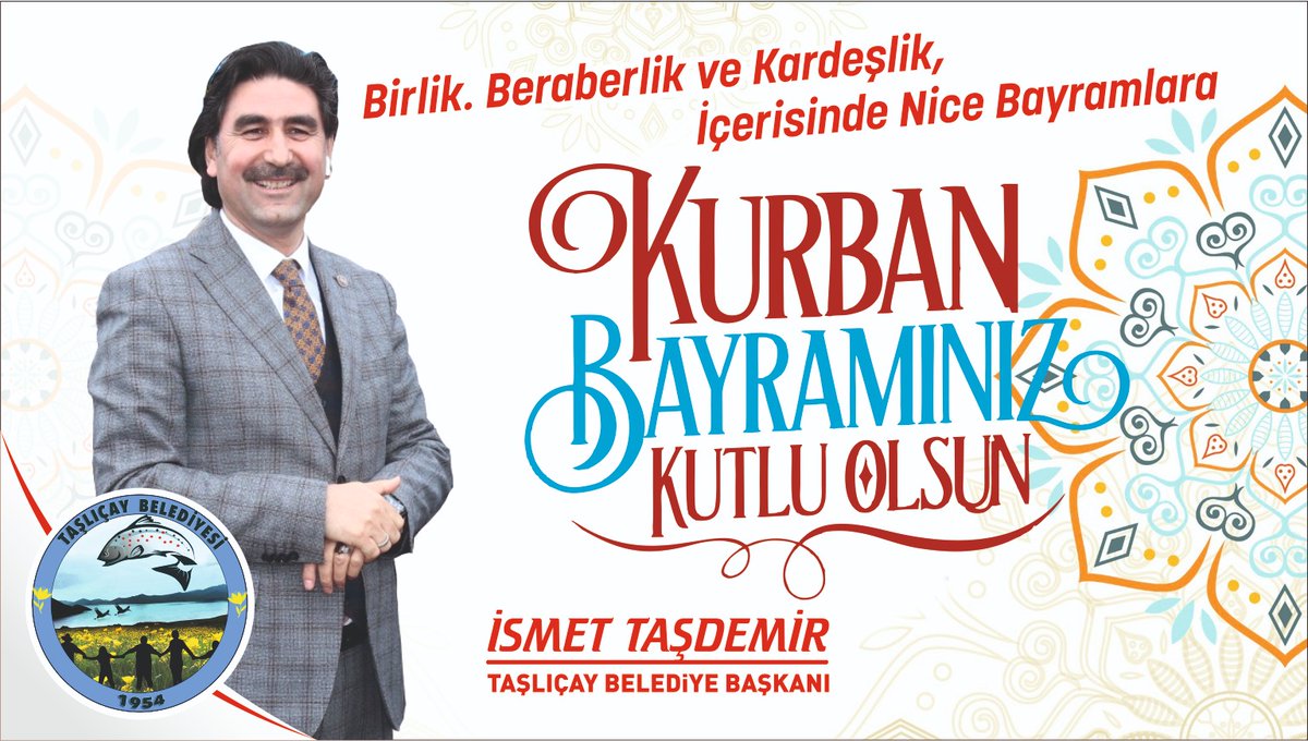 Başta Taşlıçaylı hemşerilerimiz olmak üzere tüm İslam Aleminin Kurban Bayramını kutluyor, huzura, barışa ve hayırlara vesile olmasını yüce Allah’tan diliyorum.
İSMET TAŞDEMİR TAŞLIÇAY BELEDİYE BAŞKANI
<a href="/ismettas04/">İsmet Taşdemir</a>