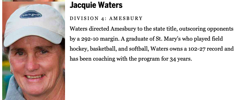 Jacquie Waters is The Boston Globe Division 4 Coach of the Year.
#AmesburySoftball #Amesbury