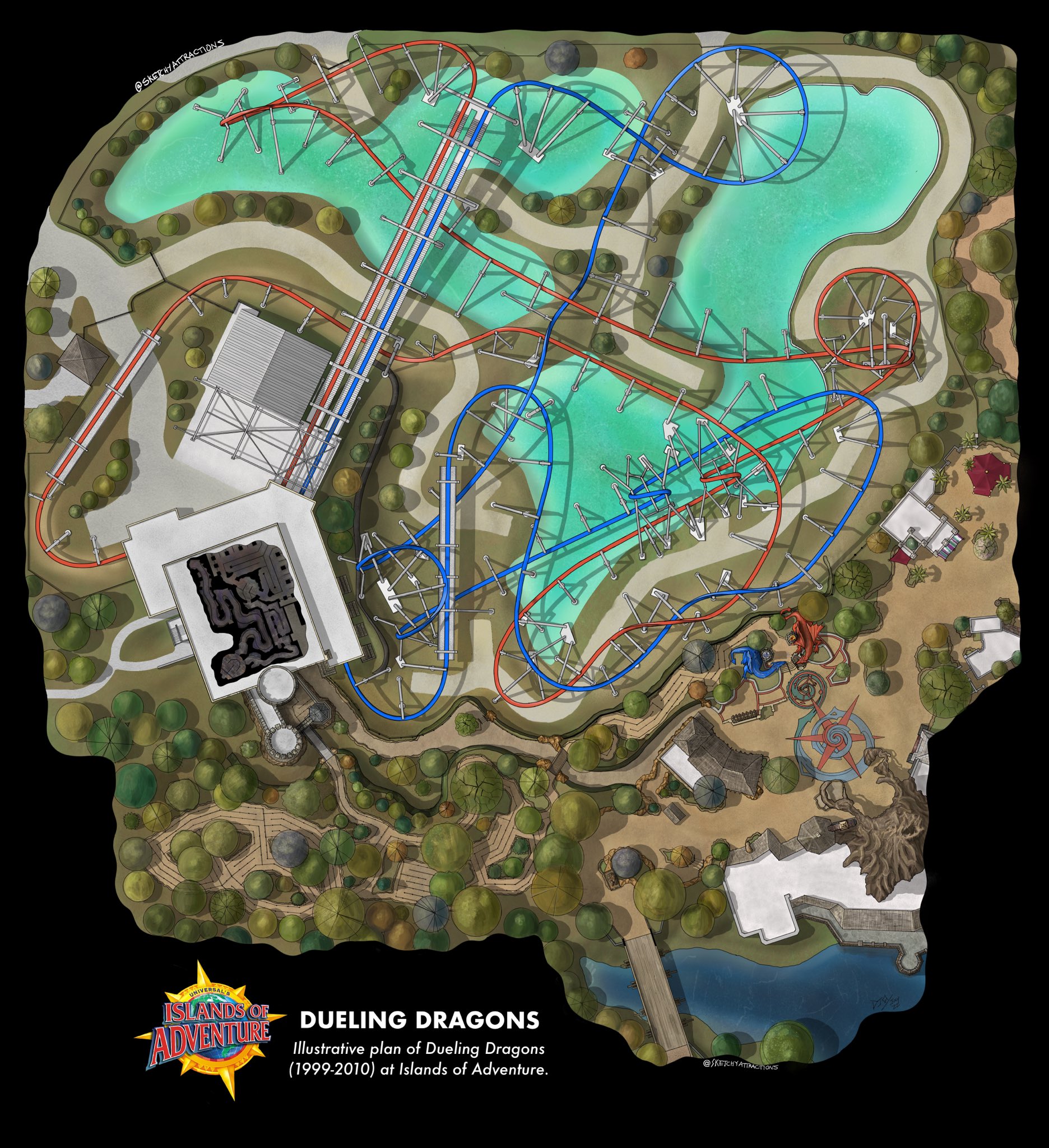 Sketchy Attractions on X: Using what I could from the internet, I made  this illustrative plan of Dueling Dragons and the adjacent Merlinwood area  at Islands of Adventure. #rollercoaster #rollercoasters #universalorlando  #islandsofadventure #