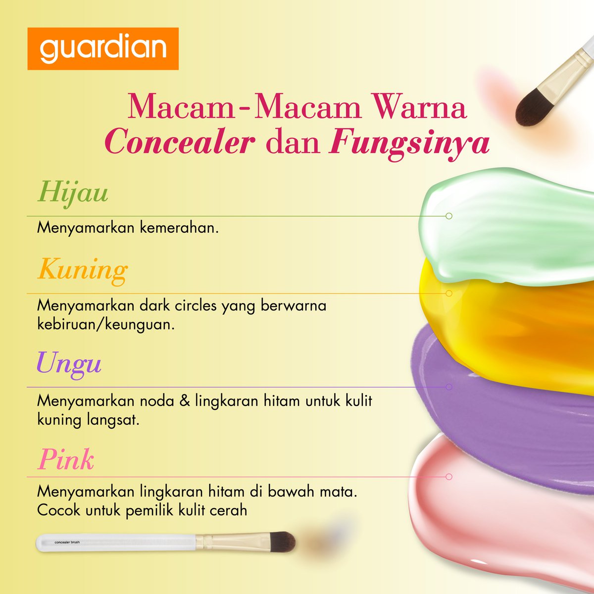 GuardianID's tweet photo. Selain warna coklat, concealer juga punya banyak warna lainnya lho! Yuk simak kegunaan dari masing-masing warnanya! #tipsmakeup #concealer #keguardianyuk https://t.co/IW3JMfV4nq