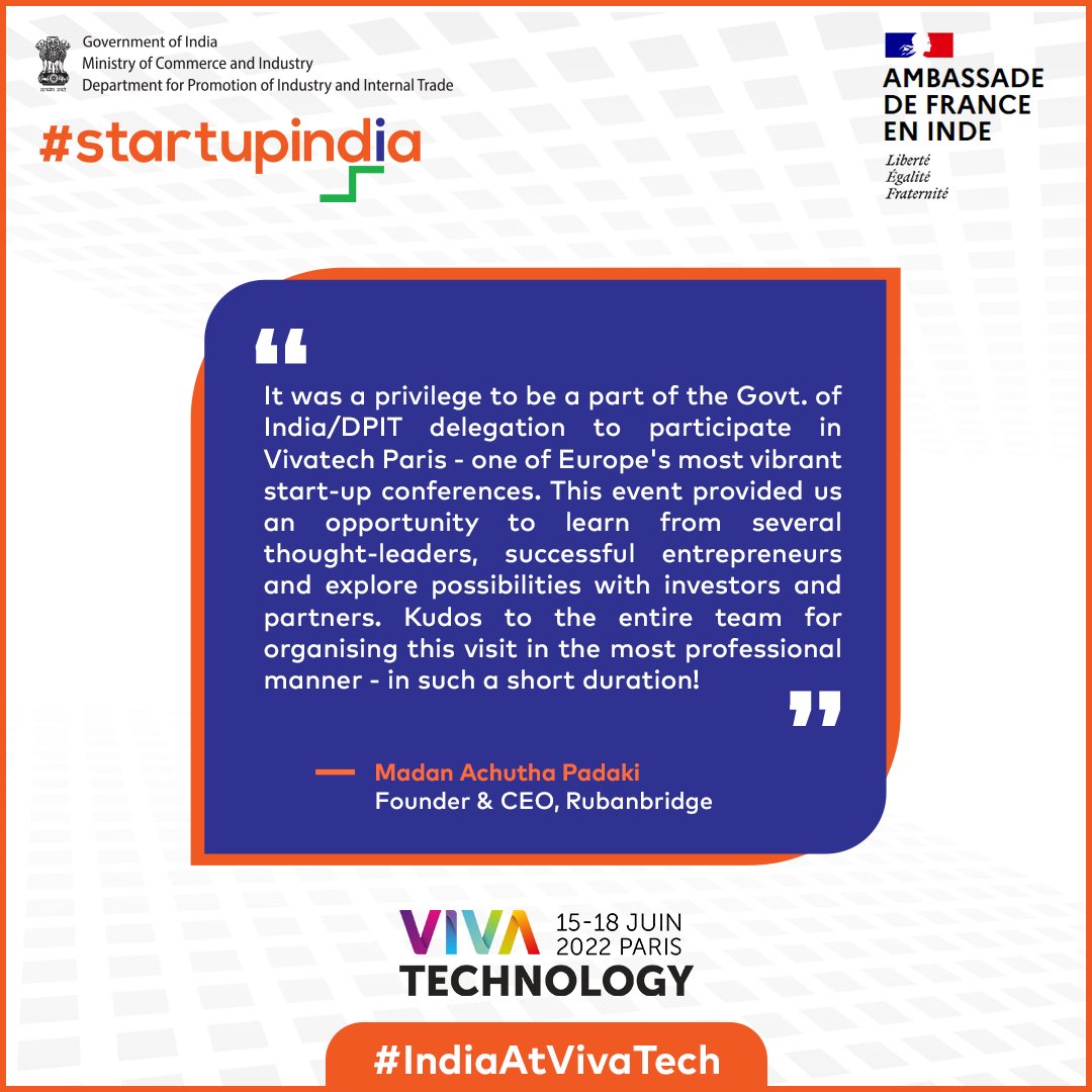 Madan Achutha Padaki, Founder & CEO of @RubanBridge shared his wonderful experience at #Vivatech2022 and praised the entire team to organise the visit to the most vibrant startup conference.

#StartupIndia #IndiaAtVivatech