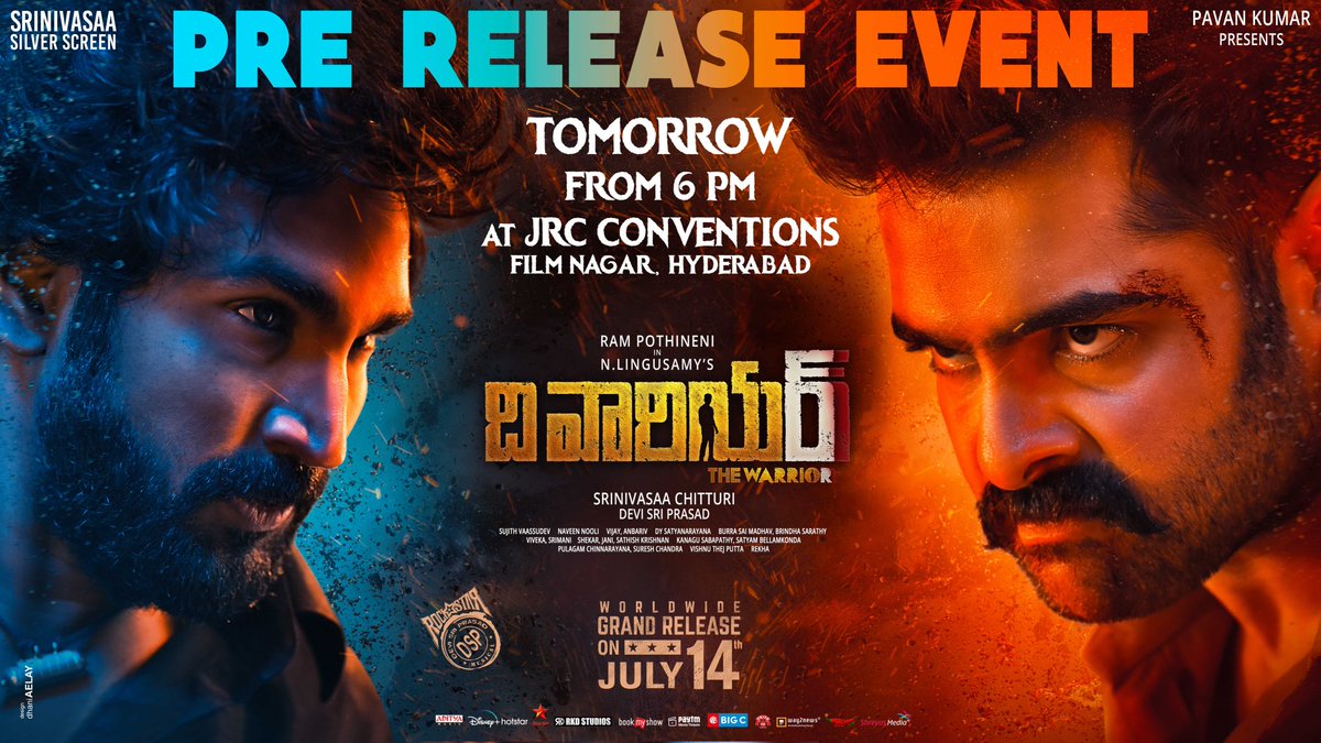 CinemaUpdates7's tweet photo. It's time to take the Mass Euphoria to Next Level 🔥

#TheWarriorrTelugu Pre Release Event Tomorrow from 6 PM 🥳

📍JRC Conventions, Hyd

#TheWarriorrOnJuly14

@ramsayz @AadhiOfficial @dirlingusamy @ThisisDSP @IamKrithiShetty @SS_Screens @adityamusic @masterpieceoffl https://t.co/HyZP3gmO5C