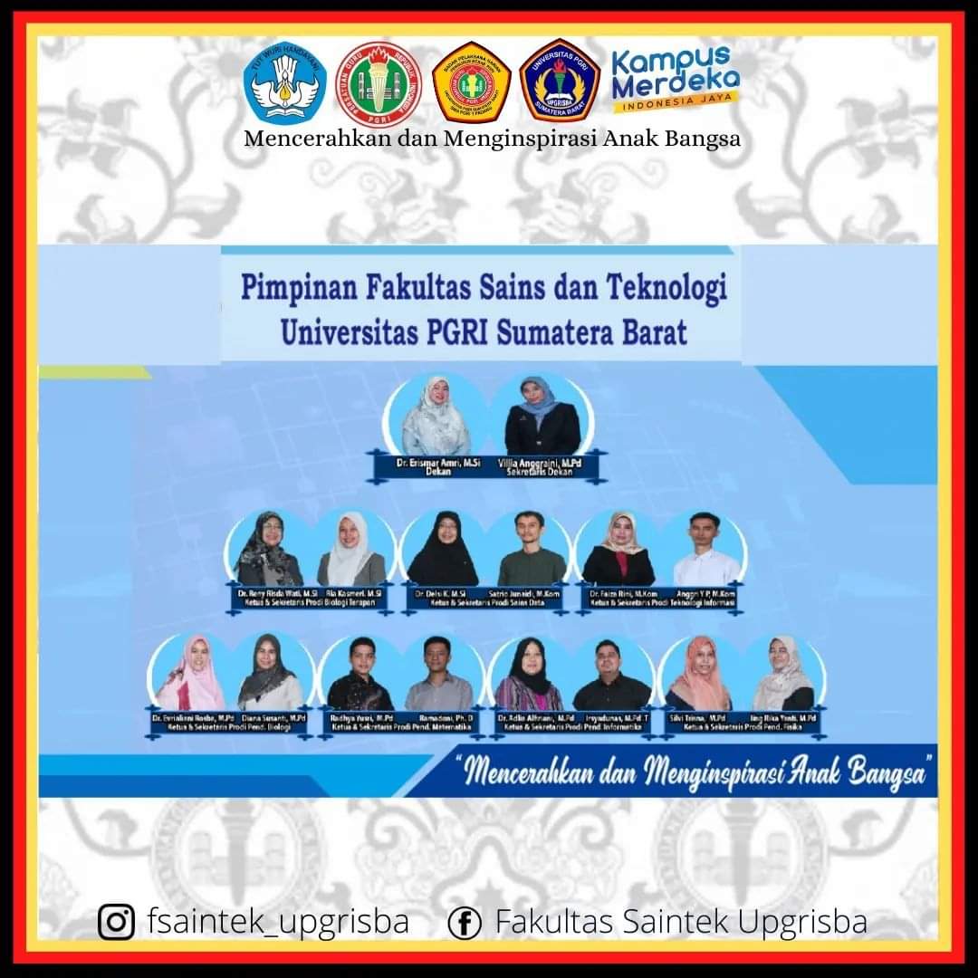 VilliaAnggrain6's tweet photo. Penerimaan mahasiswa baru Universitas PGRI Sumatera Barat (UPGRISBA) tahun akademik 2022/2023.
Fakultas Sains dan Teknologi (S1)
1) Biologi Terapan 
2) Sains Data 
3) Teknologi Informasi 
4) Pend. Biologi 
5) Pend. Matematika 
6) Pend. Informatika 
7) Pend. Fisika https://t.co/sCbgmrPO4R