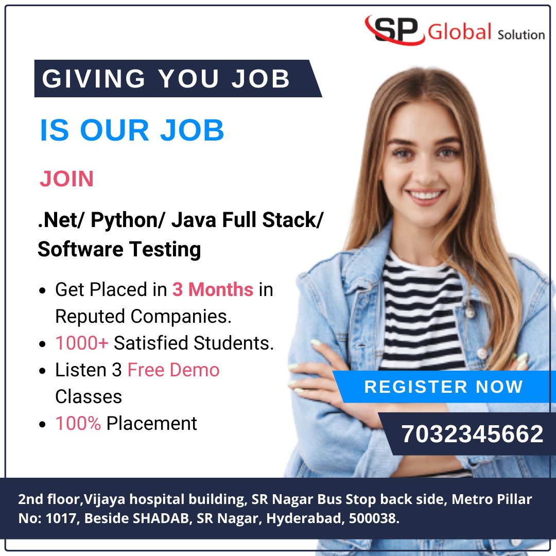 sp_solution's tweet photo. Giving you a Job
is our Job...
Join #spglobalsolution Now, Here we are Providing #Java #Python #testing #.net #mainframes #javafullstack #javascript #pythonprogramming https://t.co/2dM71itqSm