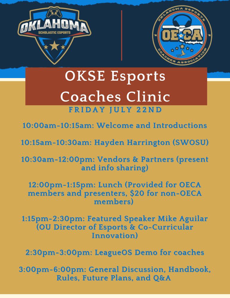 EsportsOklahoma's tweet photo. Late night announcement. If you’re not apart of this and want to be please contact @CoachMorrisOK or @oumike23. If you want to be apart of @OKECA_ let us know or register at https://t.co/P6LuelcTEH #oklaed #esports #oklahoma https://t.co/7Z8sm39GlB