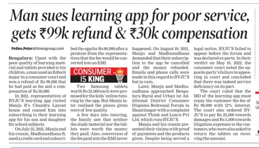 petleepeter's tweet photo. Father sued @BYJUS allegedly for false promises over quality of study material, tablets for learning for his kids and to covert fee into EMI. Bengaluru consumer court ordered MD of #BYJU'S to give full fee refund of Rs 99k, Rs 25k towards damages and Rs 5k for his court expenses. https://t.co/4lHjZkmqY1