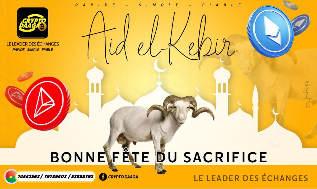 cryptodaaga's tweet photo. A l’occasion de la fête musulmane "Aid El Kebir", nous adressons un message de fraternité, de paix et de solidarité à la communauté musulmane du Burkina et plus particulièrement aux utilisateurs de l’application CRYPTODAAGA de confession musulmane.

CRYPTODAAGA 🙏 https://t.co/FjsujAqbg4
