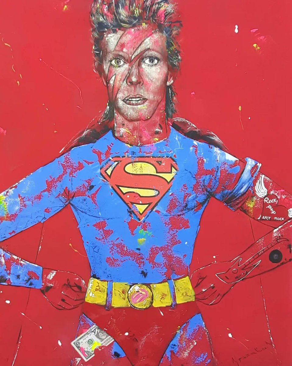 artpenalver's tweet photo. "David Bowie" serie Superheroes Mixed Media acrylic,spray and collage on canvas 100X80CM. https://t.co/KKZnQtUSDb