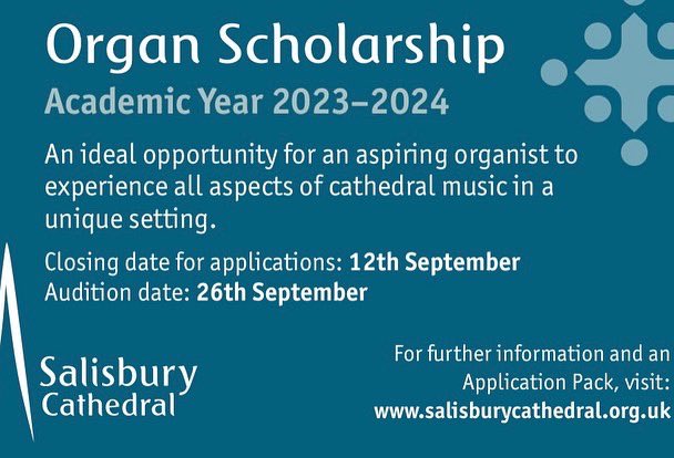 We’re looking for an organ scholar at Salisbury for the academic year 2023–4. Details here salisburycathedral.org.uk/more/about-us/…