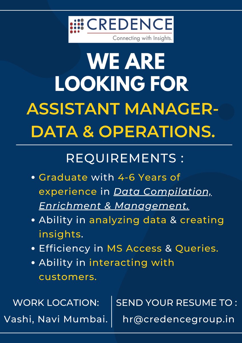CredenceMktg's tweet photo. Hey #DataExperts !
Are you someone with 4-6 years of experience in #DataManagement, #DataEnrichment & #DataCompilation preferably in #B2BData ?
Then, WE are looking to work with someone just like #YOU !!
Send your #resume to hr@credencegroup.in !!
#AssistanatManagerData https://t.co/XIsckkp8kO