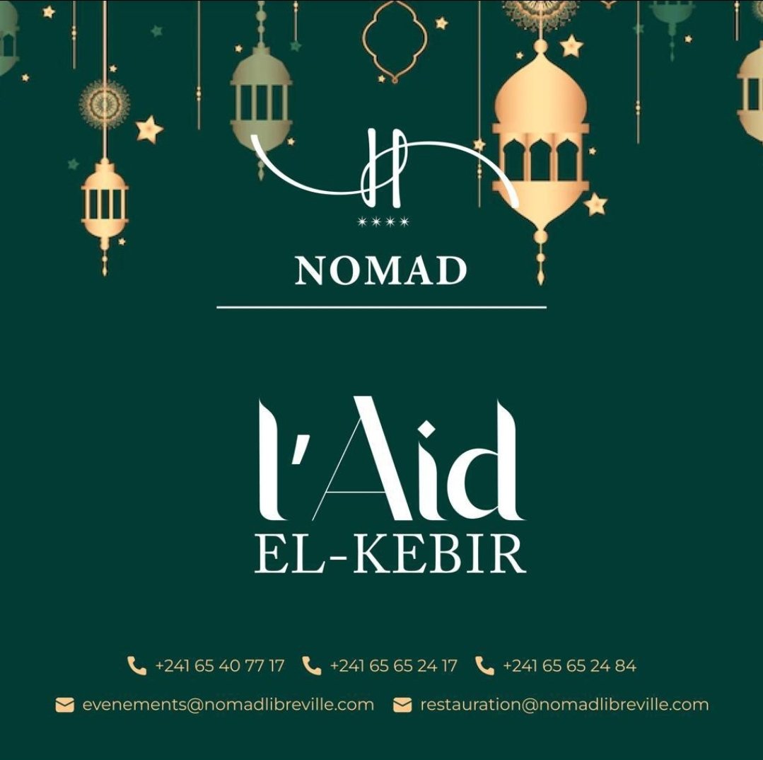 SuitesNomad's tweet photo. A l'accasion de la fête musulmane "Aid El Kebir", nous adressons un message de fraternité, de paix et de solidarité à la communauté musulmane du Gabon.

Le Nomad vous présente ses meilleurs vœux de quiétude et de prospérité.

Bonne fête de Tabaski à toutes et à tous ! https://t.co/5boDszklwV