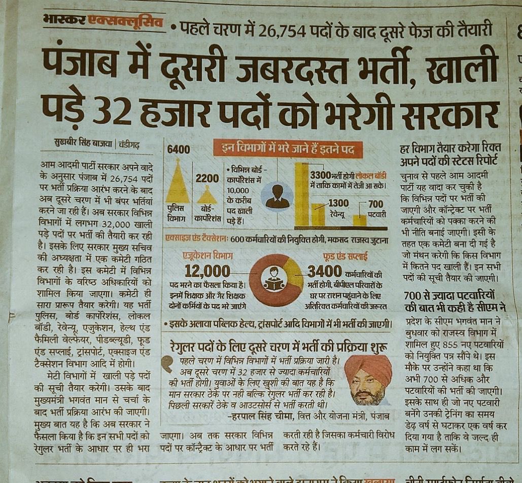 AAPPunjab's tweet photo. Good news for Punjab's youth‼️

@BhagwantMann Govt launches big employment drive to fill over 32,000 vacant posts in govt depts.

Another step towards fulfilling our promise of providing jobs to our youth in Punjab. https://t.co/YRjamWgLD1