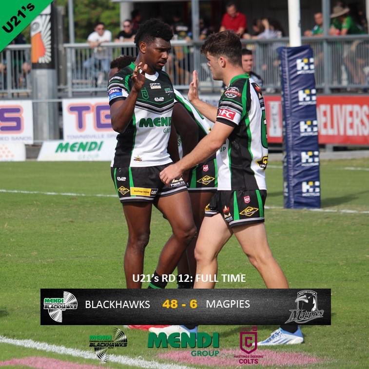 U21s RD 12 FULL TIME: Mendi Blackhawks have defeated the Magpies at home 48-6 🚁🔥

#tsvblackhawks #hastingsdeeringcolts