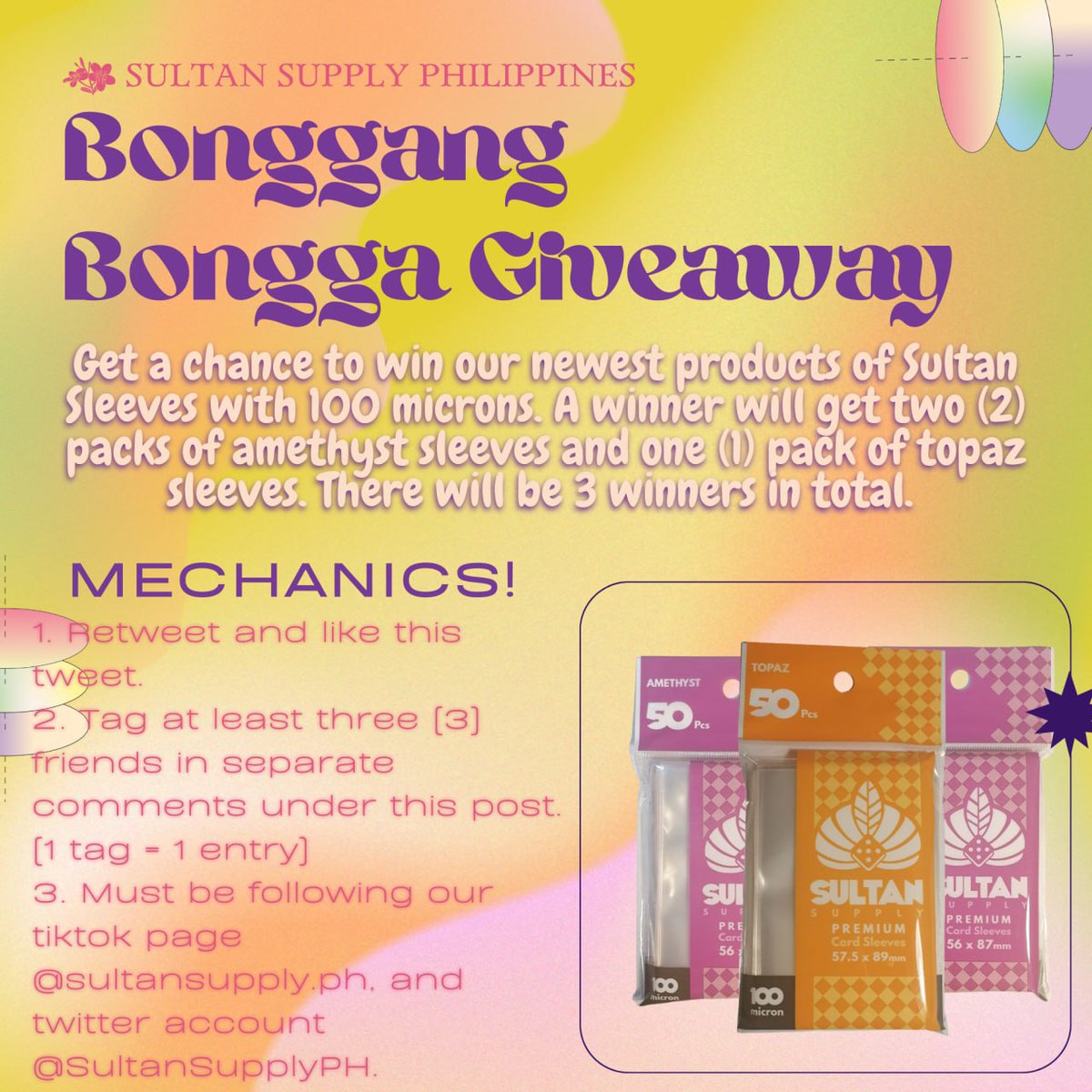 SultanSupplyPH's tweet photo. ‼️GIVEAWAY‼️

Good news, besties! We are giving away 2 packs of Amethyst and 1 pack of Topaz sleeves to our beloved card collectors. To join the giveaway, follow the mechanics below 👇. The giveaway will end on JULY 20, 2022 at 12 NN. Good luck everyone! 💗 https://t.co/WxLqRVf6lp