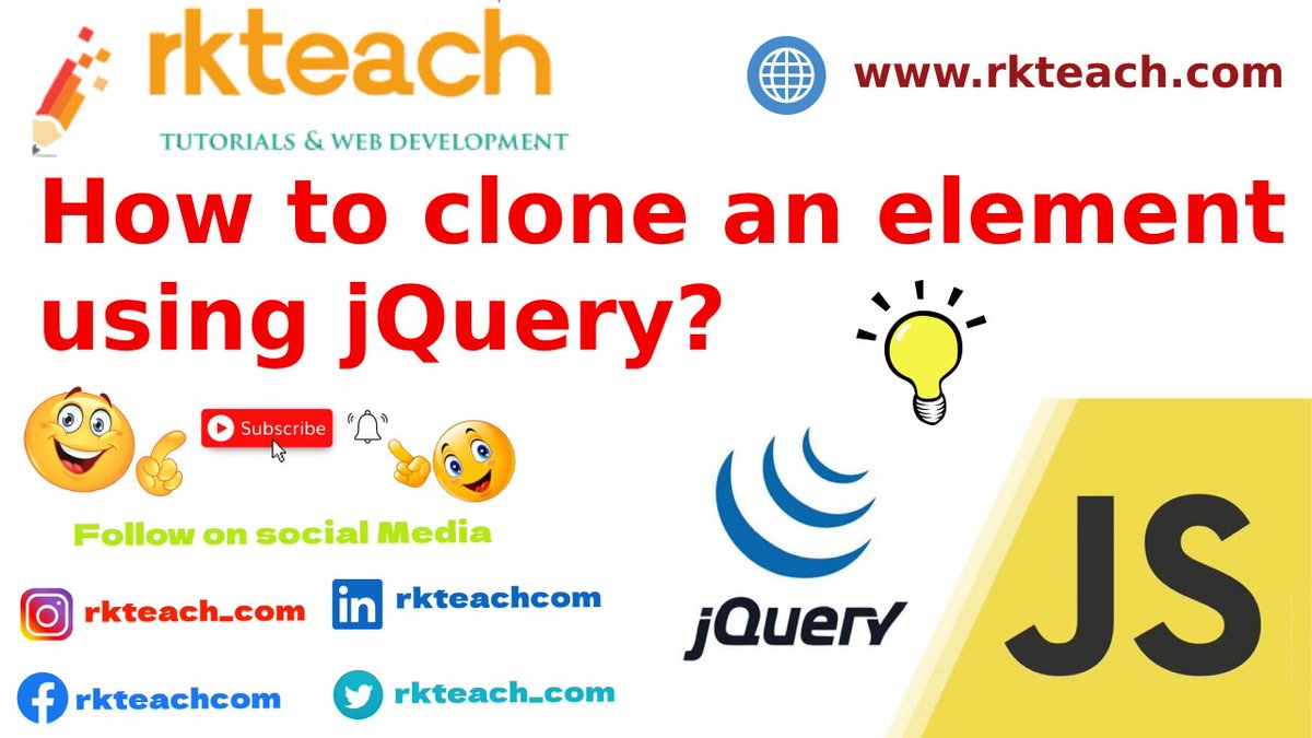 rkteach_com's tweet image. How to clone an element using jQuery?
Website: rkteach.com/blogs/jquery-&…
YouTube: youtu.be/JUlCIh-I4K4
#jQuery,#JQueryCourse,#jquerytutorial,#learning,#learn,#LearnJQuery,#basicjquery