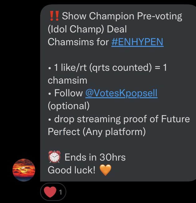 jongseongsbff's tweet image. ‼️Show Champion Pre-voting (Idol Champ) Deal
Chamsims for #ENHYPEN

• 1 like/rt (qrts counted) = 1 chamsim 
• Follow @VotesKpopsell (optional)
• drop streaming proof of Future Perfect (Any platform)

⏰ Ends in 30hrs
Good luck! 🧡
#ENFuelUp #ENVOOSTERS