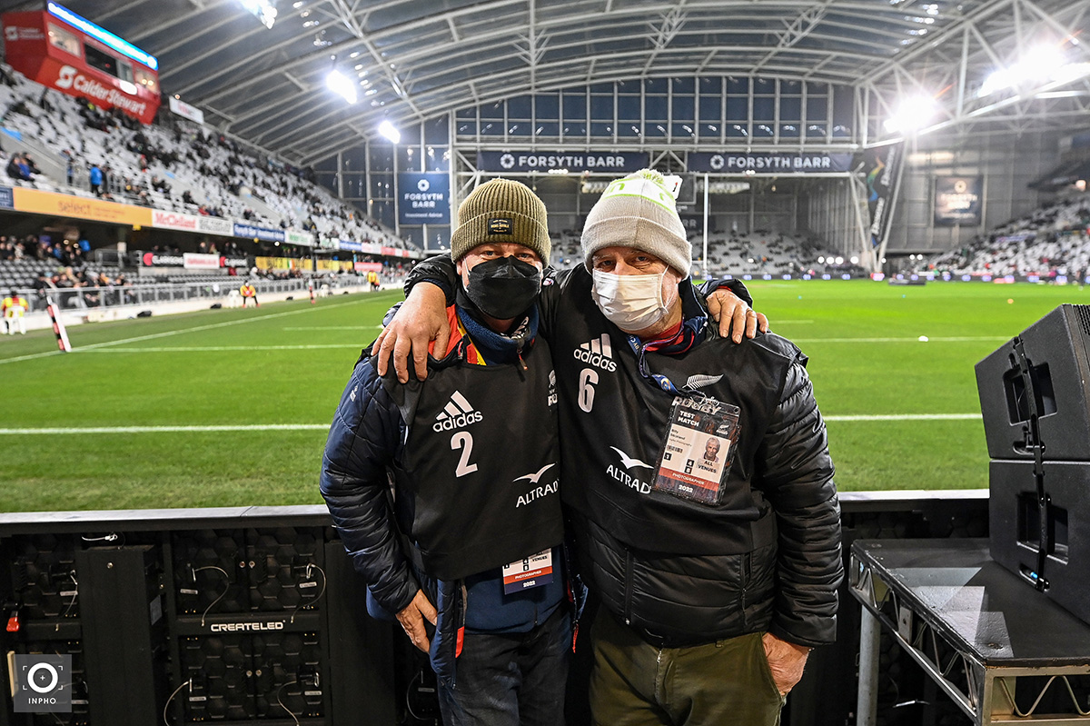 'The Best In The Business!' Inpho's @BillyStickINPHO and Andrew Cornaga of @PhotosportNZ pictured together ahead of shooting the second test between the @AllBlacks and @IrishRugby this morning in Dunedin