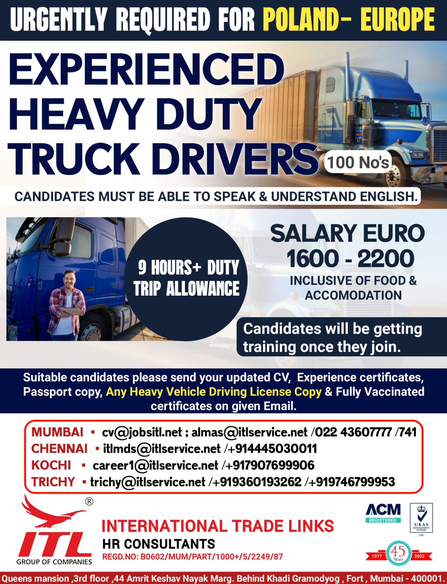 JOB VACANCY FOR #poland #europe 
Interested candidates should send your suitable updated CV to given Email's.
Learn more :
itlservice.net
#polandjobs #europejobs #polandvisa #polanddriverjob #truck #truckdrivers #heavyduty #driverjobs  #heavydutytruck #driver