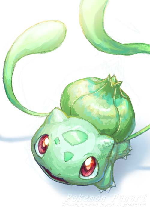 bulbasaur pokemon (creature) no humans solo red eyes looking up white background watermark  illustration images