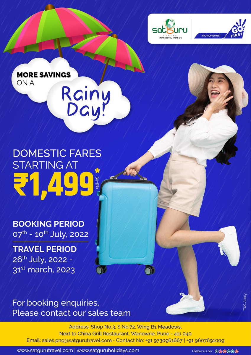 ToursSatguru's tweet photo. Satguru Travel celebrates those earthy monsoons with #Spicejet. We have some exciting offers for your next flights. Book before monsoons are over.
.
.
#monsoon #flightdeals #magicsale #splashsale #fares #bestoffers #rainyday #booknow #satgurutravel https://t.co/mtsBqiP0NN