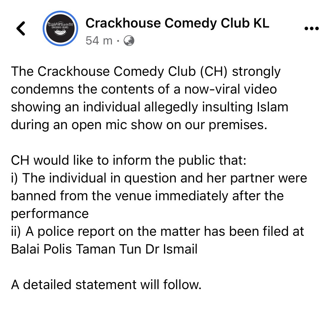 boosulyn's tweet photo. Shame on @CrackhouseKL for not standing by their comedians. 

Worse, filing a police report against her.

Don’t call yourself a comedy club if you can’t defend basic freedom of expression. 

There are no laws forbidding women from wearing a spaghetti-strap top and miniskirt. https://t.co/LRasjvdZiG